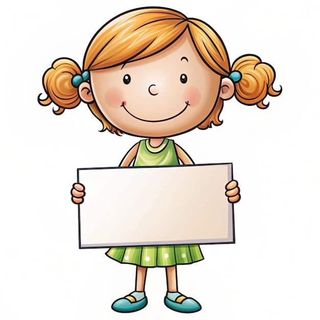 Foto leuk meisje met een leeg bord, handgetekende cartoon illustratie.