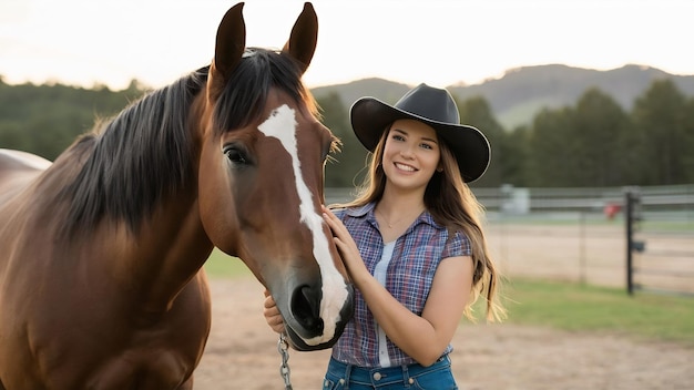 Leuk meisje met paard op de ranch.