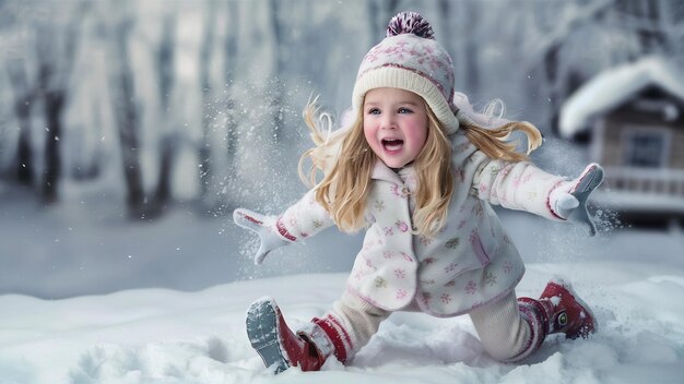 Leuk meisje met sneeuwvlokken die een leuke tijd heeft.