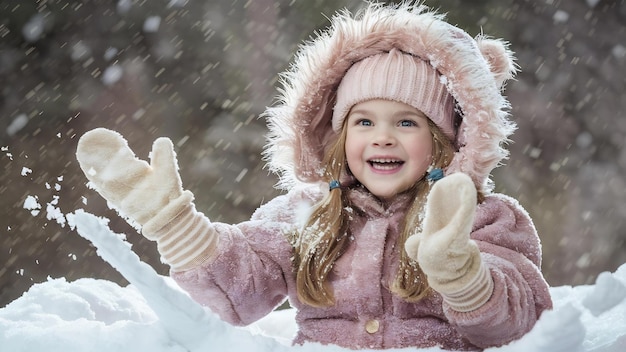 Leuk meisje met sneeuwvlokken die een leuke tijd heeft.