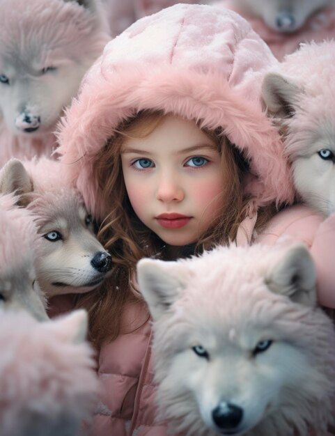 Leuk meisje onder de witte wolven Fearless vriendschap conceptuele achtergrond AI gegenereerde afbeelding