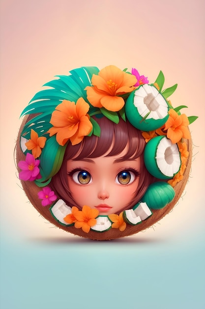 Leuk meisje personage ontworpen met ronde bloemen en fruit frame