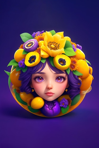 Leuk meisje personage ontworpen met ronde bloemen en fruit frame