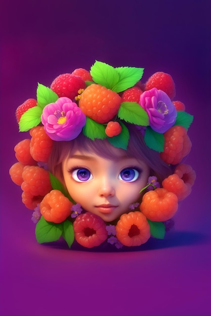 Leuk meisje personage ontworpen met ronde bloemen en fruit frame