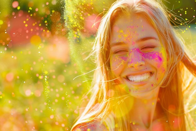 Foto leuk met kleuren levendige splash van kleuren en een jonge vrouw vieren holi festival