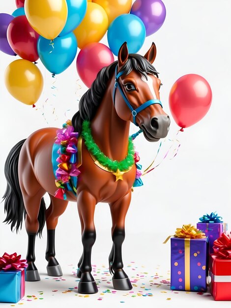 Foto leuk paard dat lacht op het feest met ballonnen geschenken en confetti geïsoleerd op een witte achtergrond