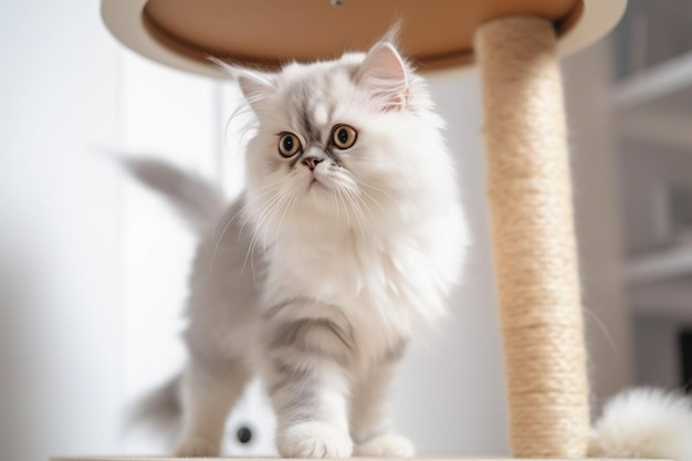 Leuk Perzisch katje dat op kattentoren loopt