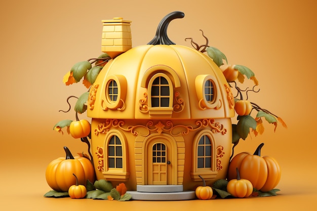 Leuk pompoenvormig huis op oranje achtergrond
