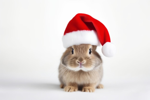 Leuk portret van een schattig feestelijk kerstkonijn met een kerstmanhoed.