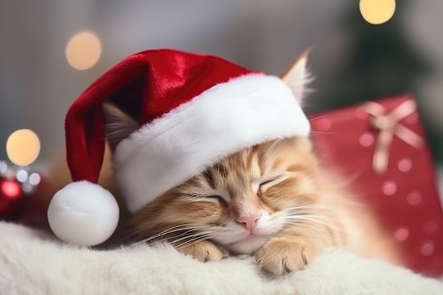 Leuk rood katje in een kerstmanhoed slaapt op een deken