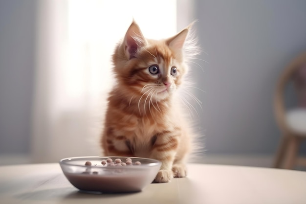 Leuk rood pluizig katje dat dichtbij de kom van voedsel voor huisdieren zit Generatieve AI