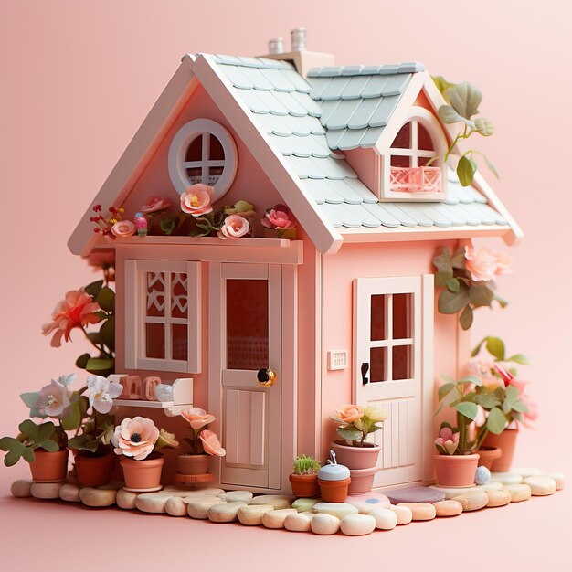 Leuk roze huis 3d render in pastelkleuren