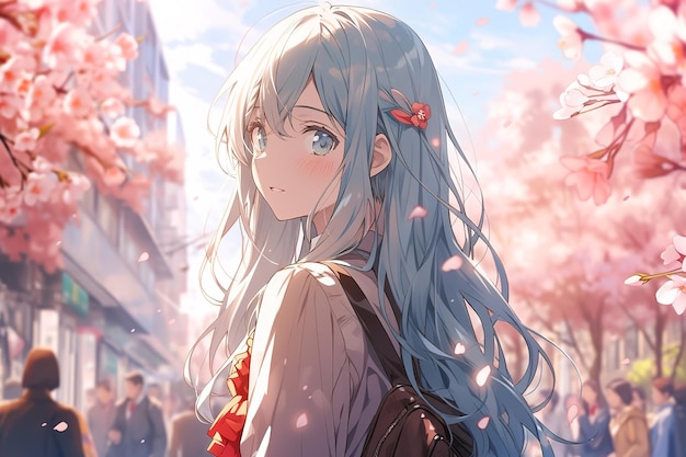 Leuk schoolmeisje met lang blauw haar tussen sakura bloemen in het stadspark in anime stijl