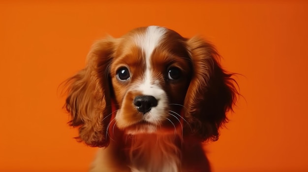 Leuk spanielpuppy op oranje achtergrond met exemplaar ruimtebanner