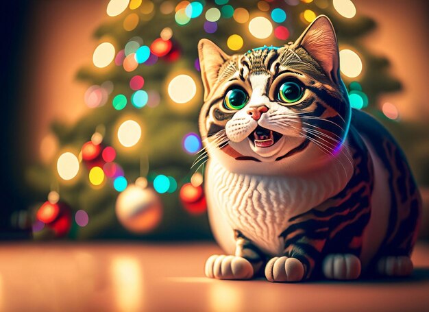Leuk tabby katje in kerstboom spelen met ornament