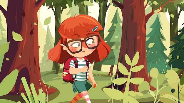 Leuk tekenfilmmeisje met rood haar en bril.