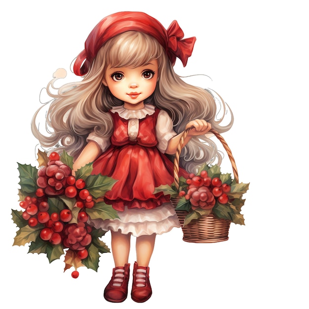 Leuk waterverf schattig klein meisje met kerstthema kleren en bloemen boeket