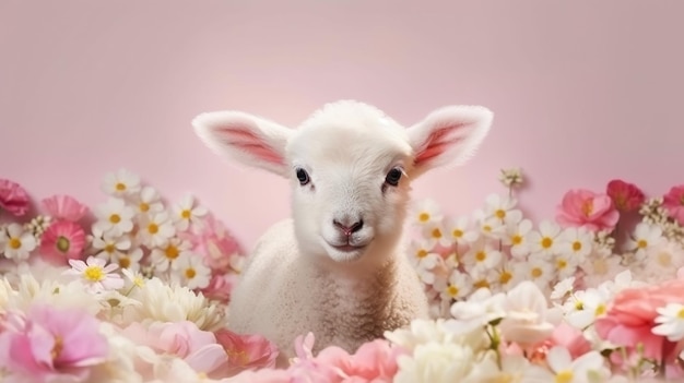 Leuk wit klein schapenlam dat zich tussen bloeiende bloem bevindt