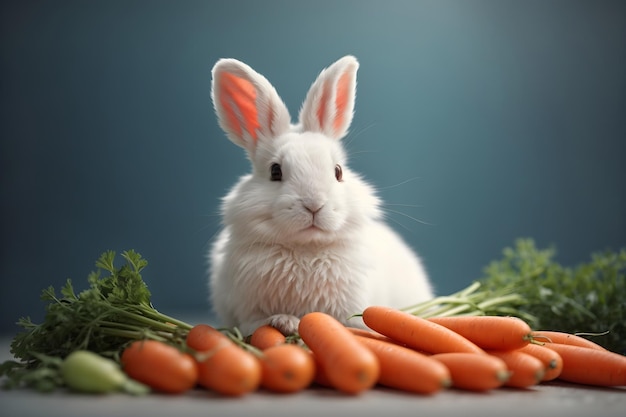 Leuk wit konijn achter wortels achtergrond dier banner met kopieerruimte