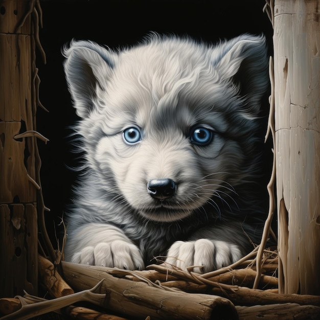 Leuk wolfje met blauwe ogen. Fotorealistische kleurillustratie gegenereerd door AI.