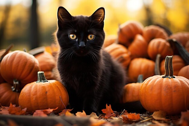 Foto leuk zwart kitten en oranje pompoenen in het herfstbos grappig huisdier dat buiten zit en naar de camera kijkt halloween en oktober concept