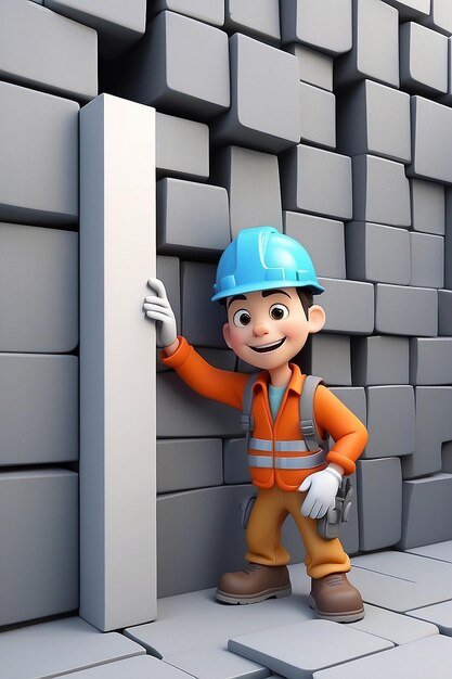 Leuke 3D cartoon architect bouwt een muur personage