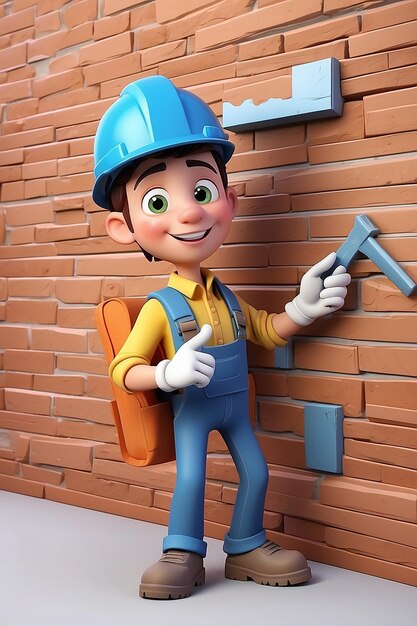 Leuke 3D cartoon architect die een muur bouwt