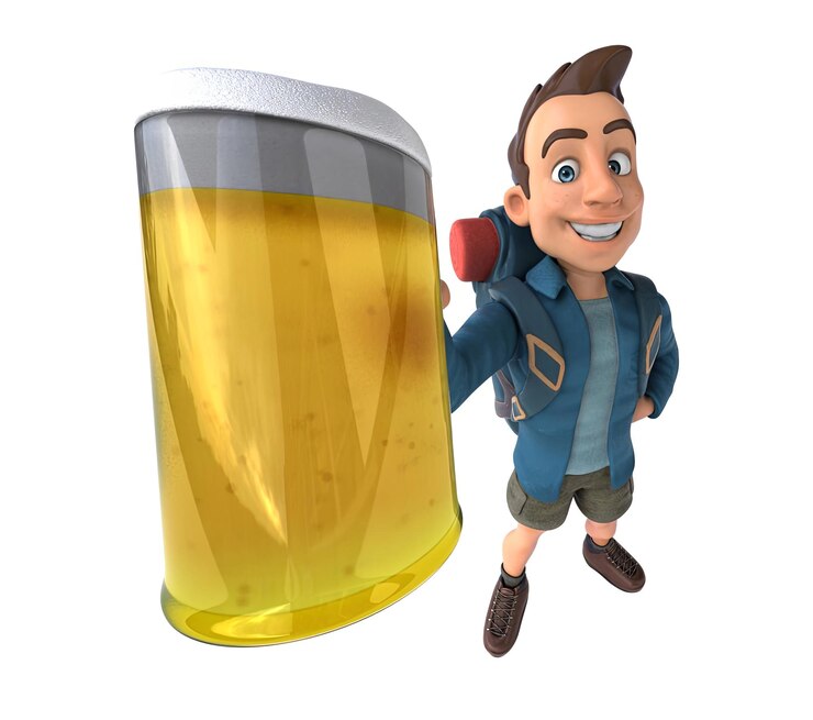 Foto leuke 3d cartoon backpacker met een bier