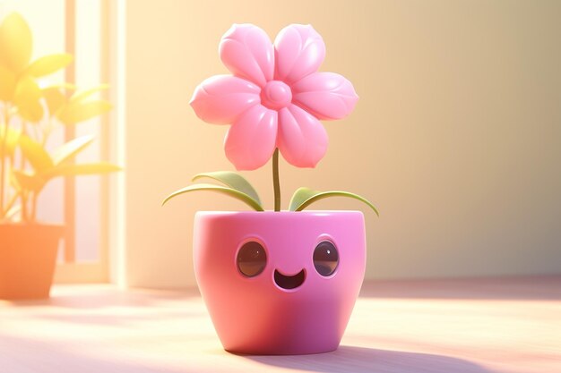 Leuke 3D Cartoon roze bloem in een pot