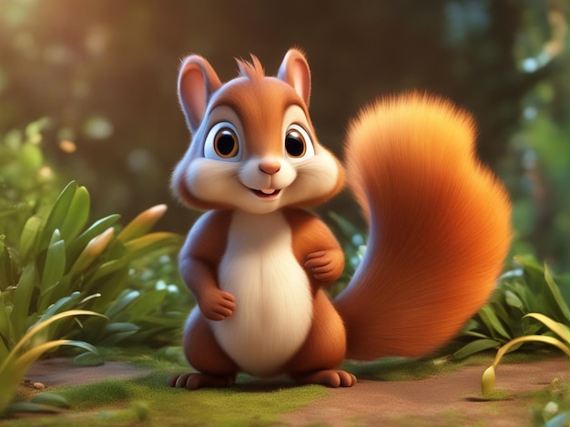 Foto leuke 3d eekhoorn cartoon met een wazige bos achtergrond