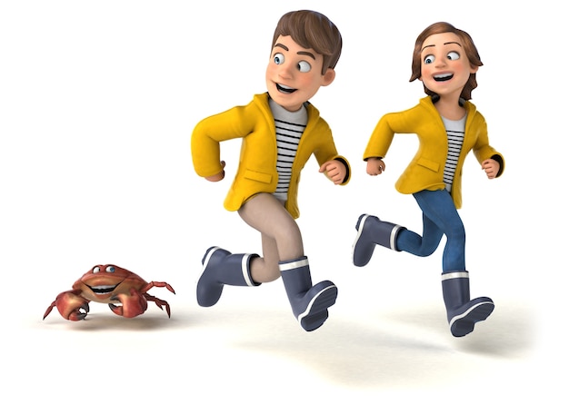 Leuke 3d illustratie van cartoon kinderen met een krab