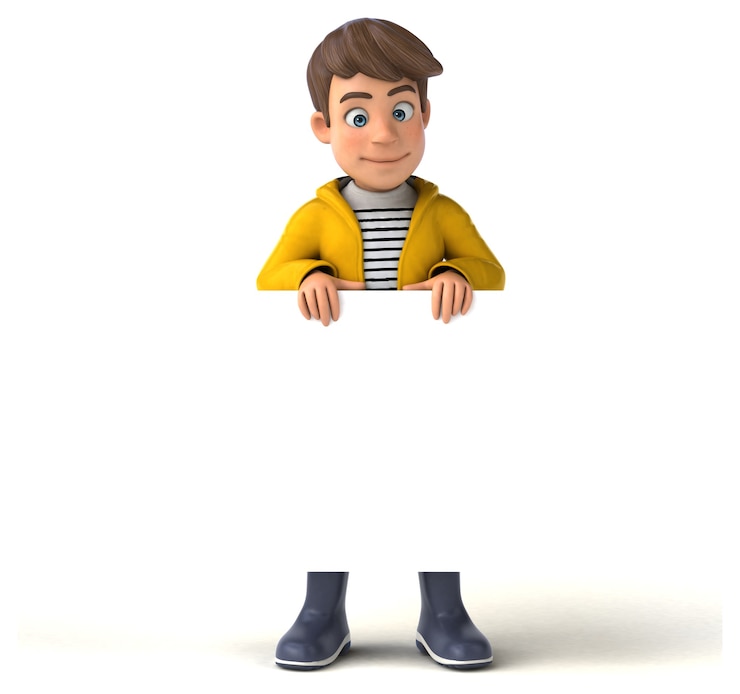Foto leuke 3d illustratie van een cartoon jongen met regenkleding