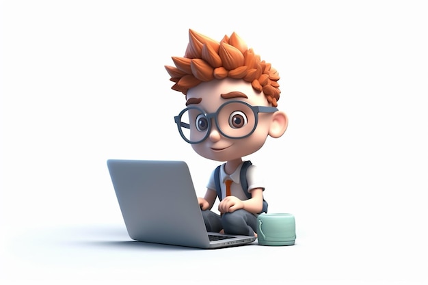 Leuke 3d illustratie van jonge zakenman met laptop karakter cartoon geïsoleerde witte achtergrond