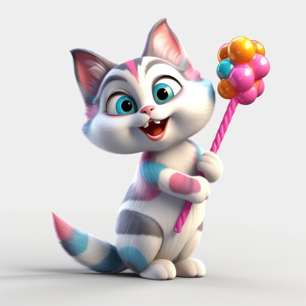 Leuke 3D-kat met een lolly op een witte achtergrond Een speelse visuele verrukking Generatieve AI