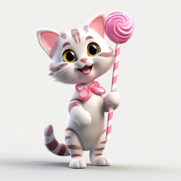 Leuke 3D-kat met een lolly op een witte achtergrond Een speelse visuele verrukking Generatieve AI