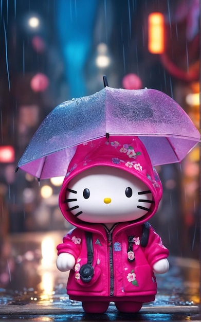 Leuke 3d kat met roze stijl onder de regen met jas