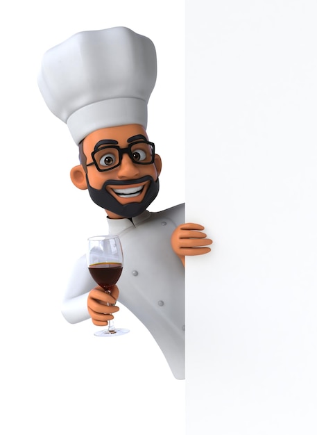 Leuke 3D-tekenfilmillustratie van een chef-kok met een glas wijn