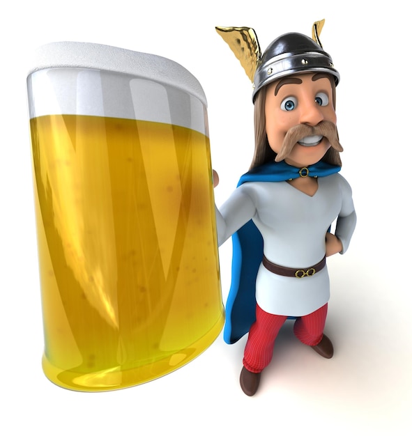 Leuke 3D-tekenfilmillustratie van een Galliër met een biertje