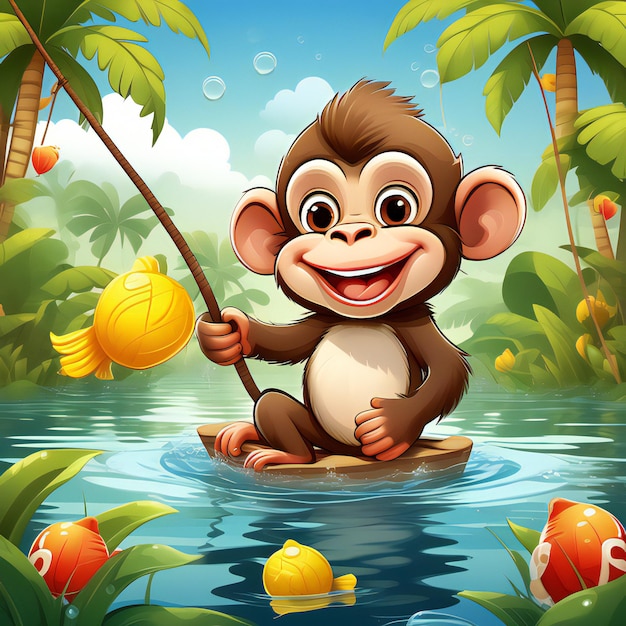 Leuke aap die bananen vangt met een visnet cartoon vector