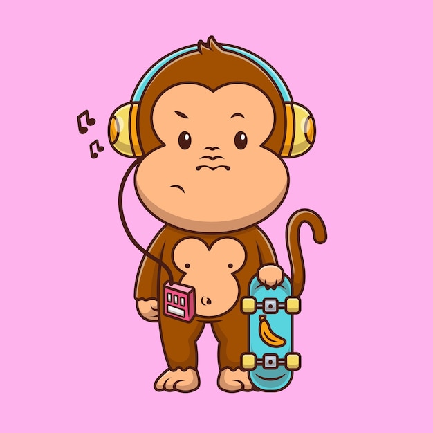 Leuke aap die naar muziek luistert en een skateboard vasthoudt Cartoon Vector Icon Illustratie