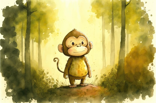 Leuke aap die zich in het midden van het boswaterverfschilderij bevindt