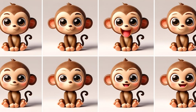 Leuke aap in vier verschillende poses en uitdrukkingen geluk nieuwsgierigheid verrassing en ontspanning