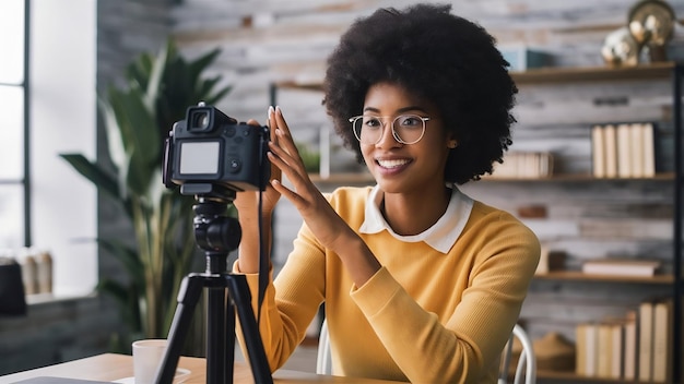 Leuke Afro-Amerikaanse vrouw die een video maakt voor haar blog met behulp van een op een statief gemonteerde digitale camera.