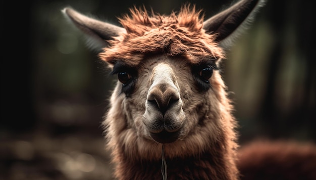 Leuke alpaca die naar de camera staart in de wei, gegenereerd door AI