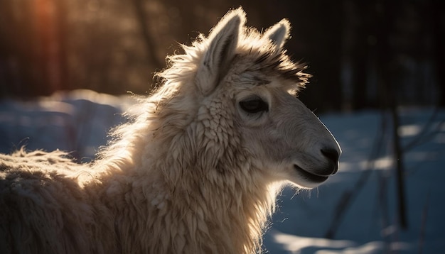 Leuke alpaca grazen in besneeuwde weide fleece pluizig gegenereerd door AI