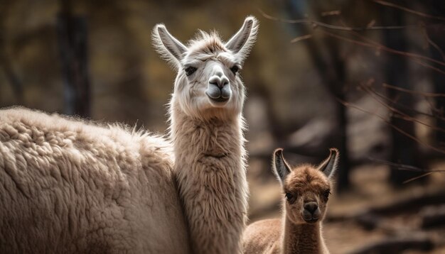 Leuke alpaca met pluizige wol die graast in de wei, gegenereerd door AI