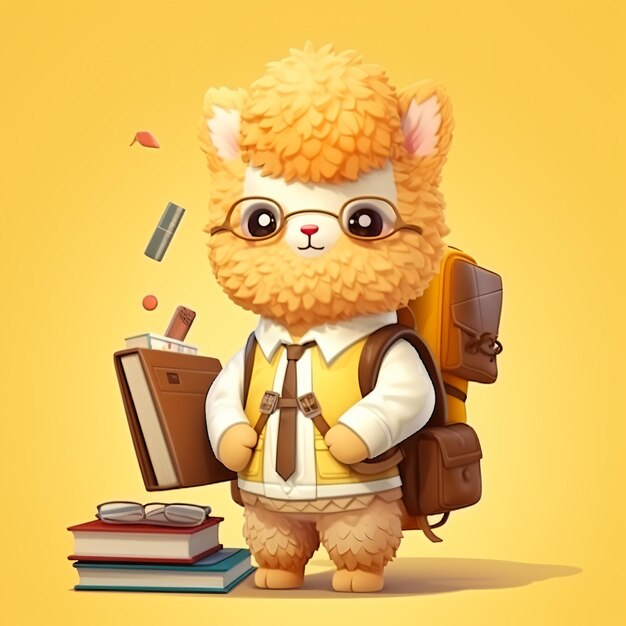 Leuke alpaca student cartoon personage met boeken