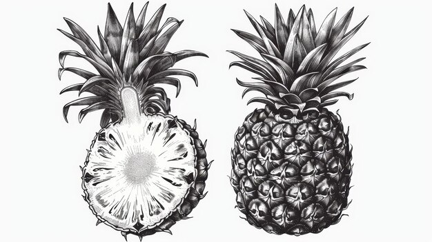 Leuke ananas tropische exotische vrucht vintage retro tekening Ananas handgetekende schets houtsnede gravure ets geïsoleerde moderne illustratie