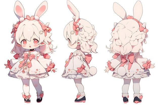 Leuke Anime Kawaii Chibi Girl Character Turnaround Concept Sheet van stijlvolle trendy mode outfits