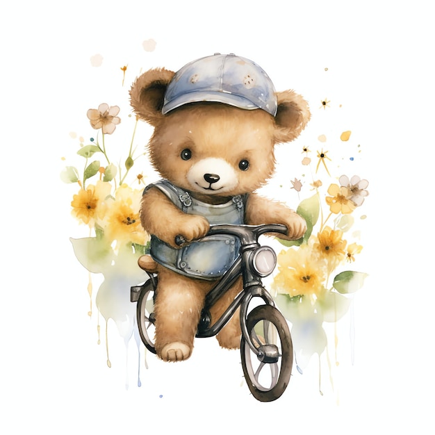 Leuke aquarel beer op fiets illustratie teddyberen clipart